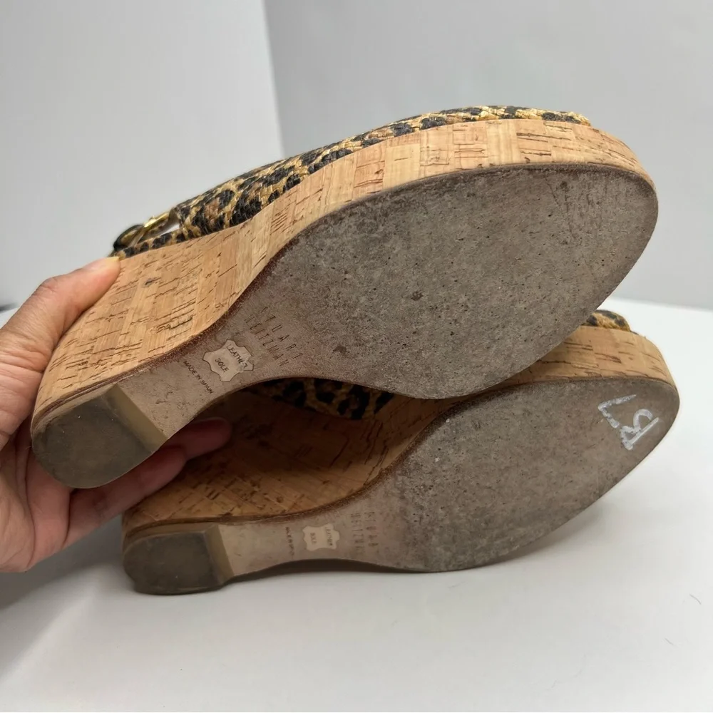 Stuart Weitzman Leopard Print Slingback Cork Wedge Size 7 - Picture 6 of 13